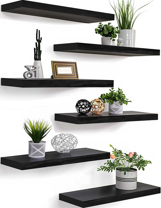 PHPH Wood Floating Shelves for Wall, Wooden Wall Shelves for Bedroom, Set of 6 Black 17 Inch