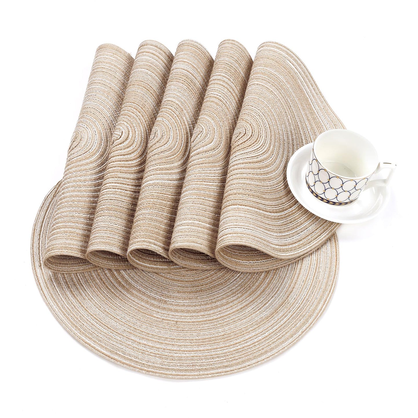 SHACOS Round Braided Placemats Set of 6 Washable Cotton Polyester 15 inch Round Placemats for Kitchen Dining Table Decor Round Table Mats (Beige, 6)