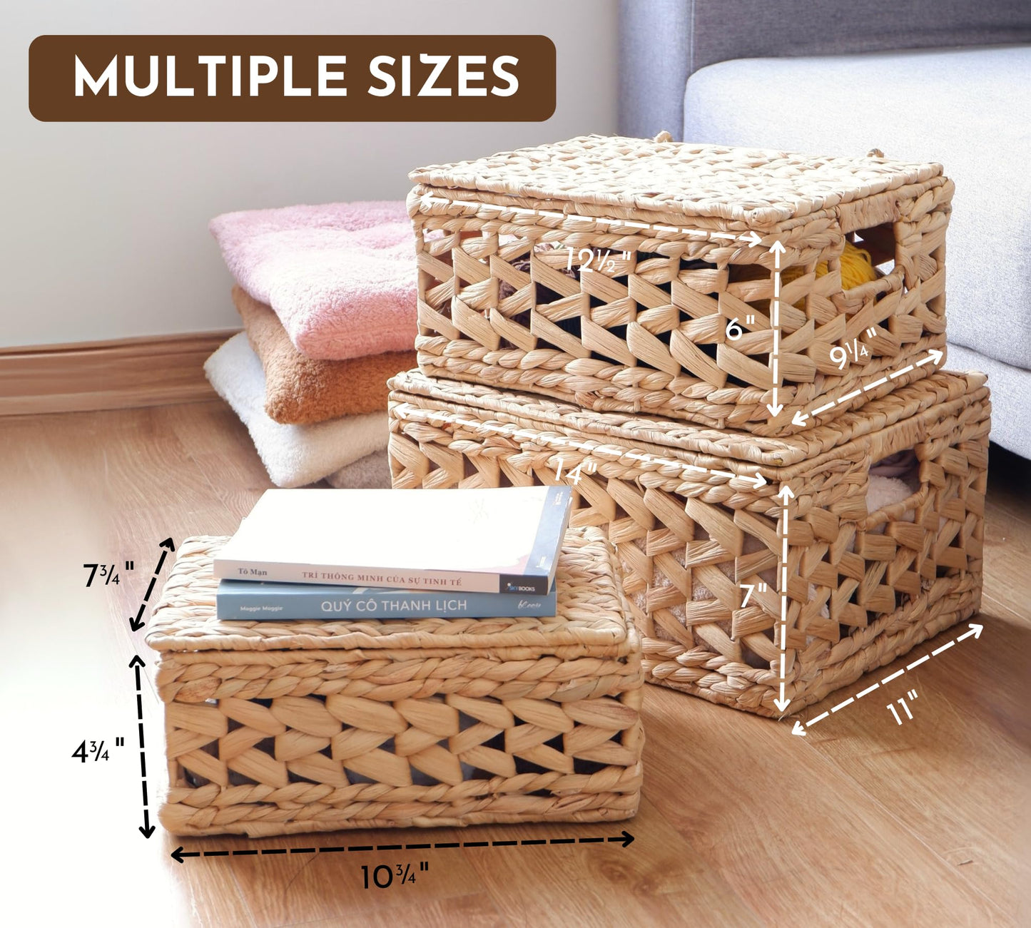 CHI AN HOME Wicker Storage Basket with Lid, Natural Decorative Wicker Basket for Shelf, Woven Baskets with Lids, 14in Lidded Basket, Rattan Storage Basket with Lid, Rattan Box Set of 3 for Organizing