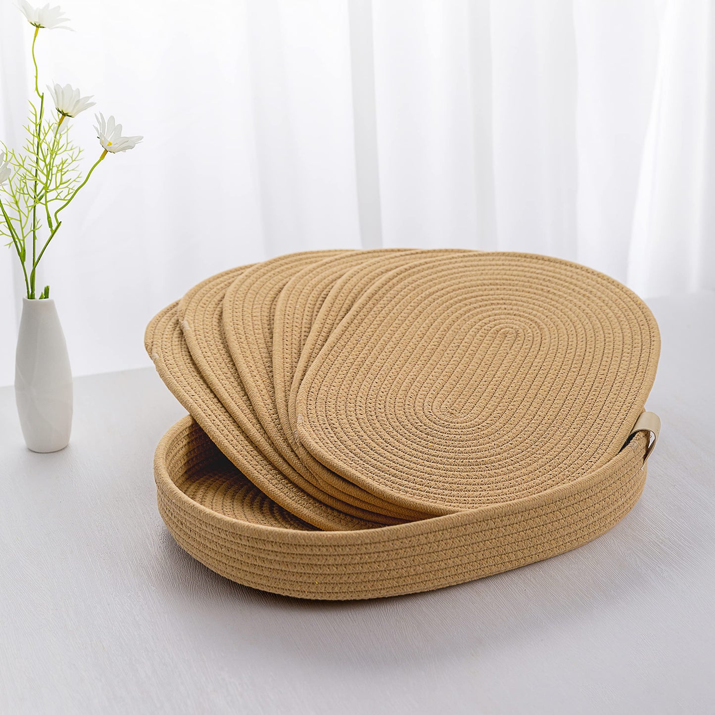 ART pinecone Cotton Rope Woven Placemats 16 * 12 inches Oval Hot Pads Hot Mats Set of 6, and 1 Storage Basket for Holiday Table Decor (16 * 12, Light Brown)