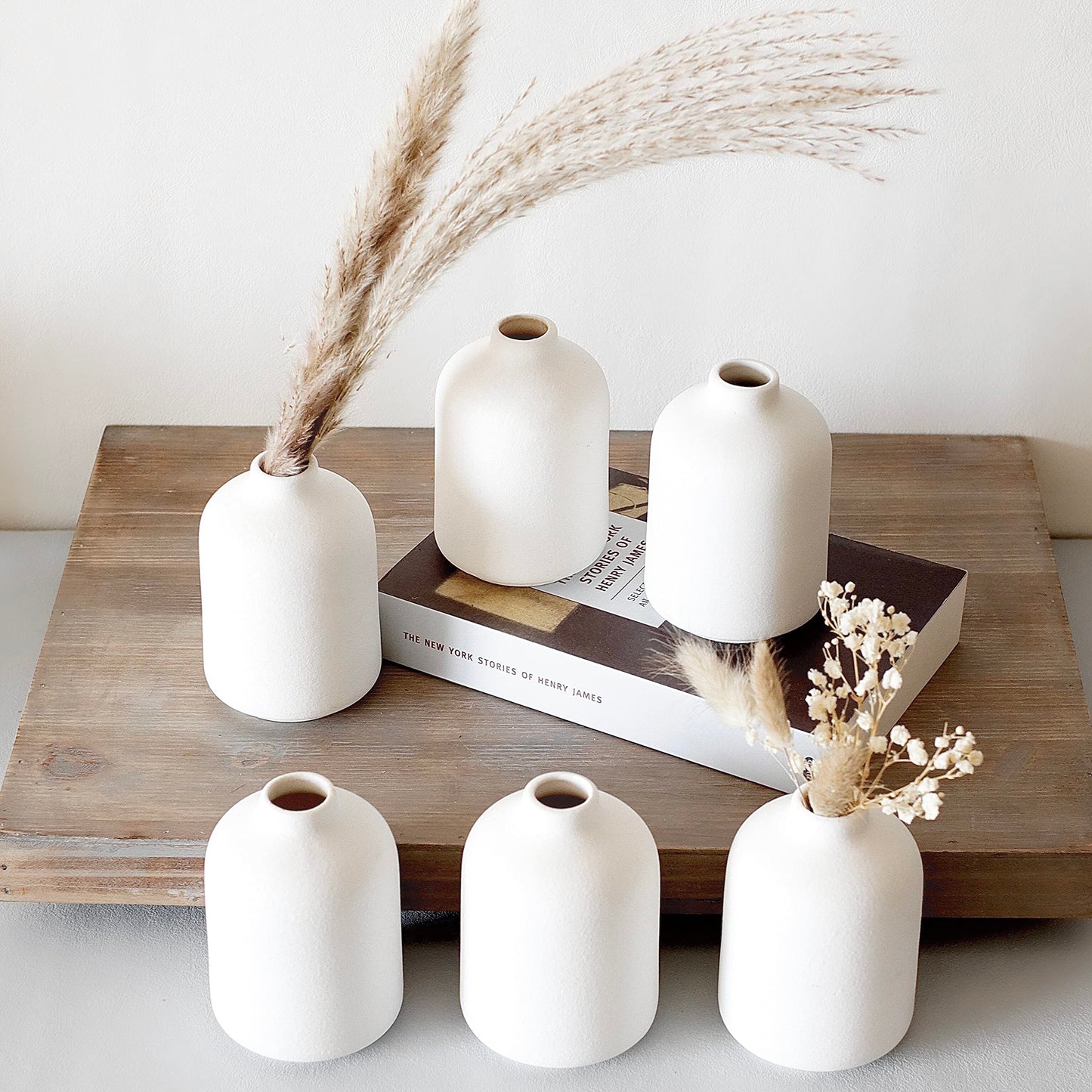 Carrot's Den - Set of 6 Small White Ceramic Bud Vases for Home Decor | Boho Vases for Dry Flowers + House Plants | Wedding, Home, Centerpiece, Modern, Minimalist