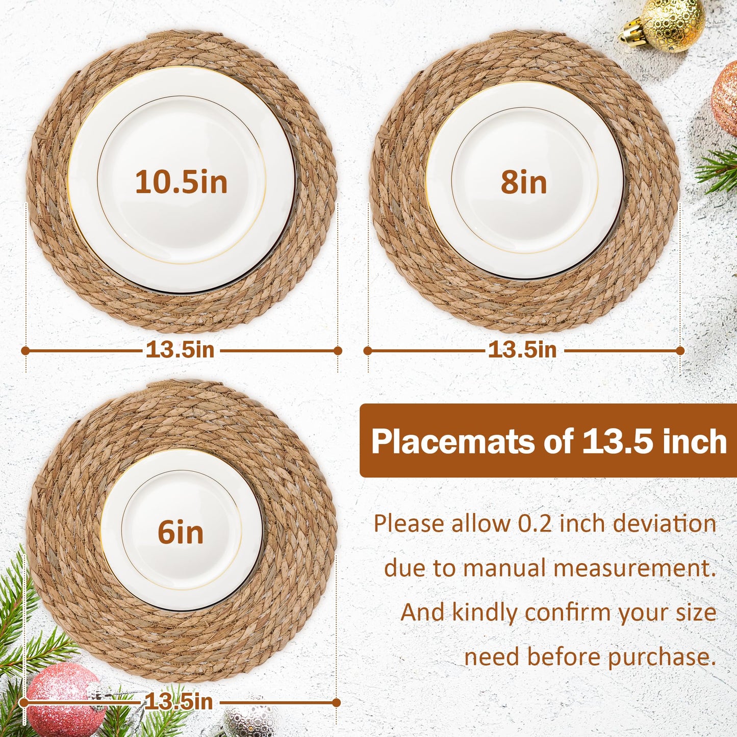 GENMOUS Woven Placemats Set of 10, 13.5" Round Placemats Natural Water Hyacinth Boho Placemat,Farmhouse Rattan Chargers for Dinner Plates,Rustic Braided Wicker Table Mats for Dining Table,Home,Wedding