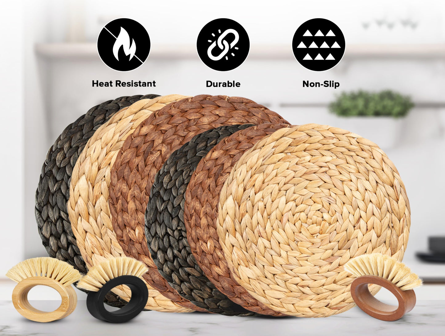 DecoraWell Round Woven Placemats Set of 6 with Bamboo Brush, Handmade, Wicker Placemats with Holder, Rattan Chargers for Dinner Plates, Rustic, Boho Placemats (Round Brown, 11.8 in)