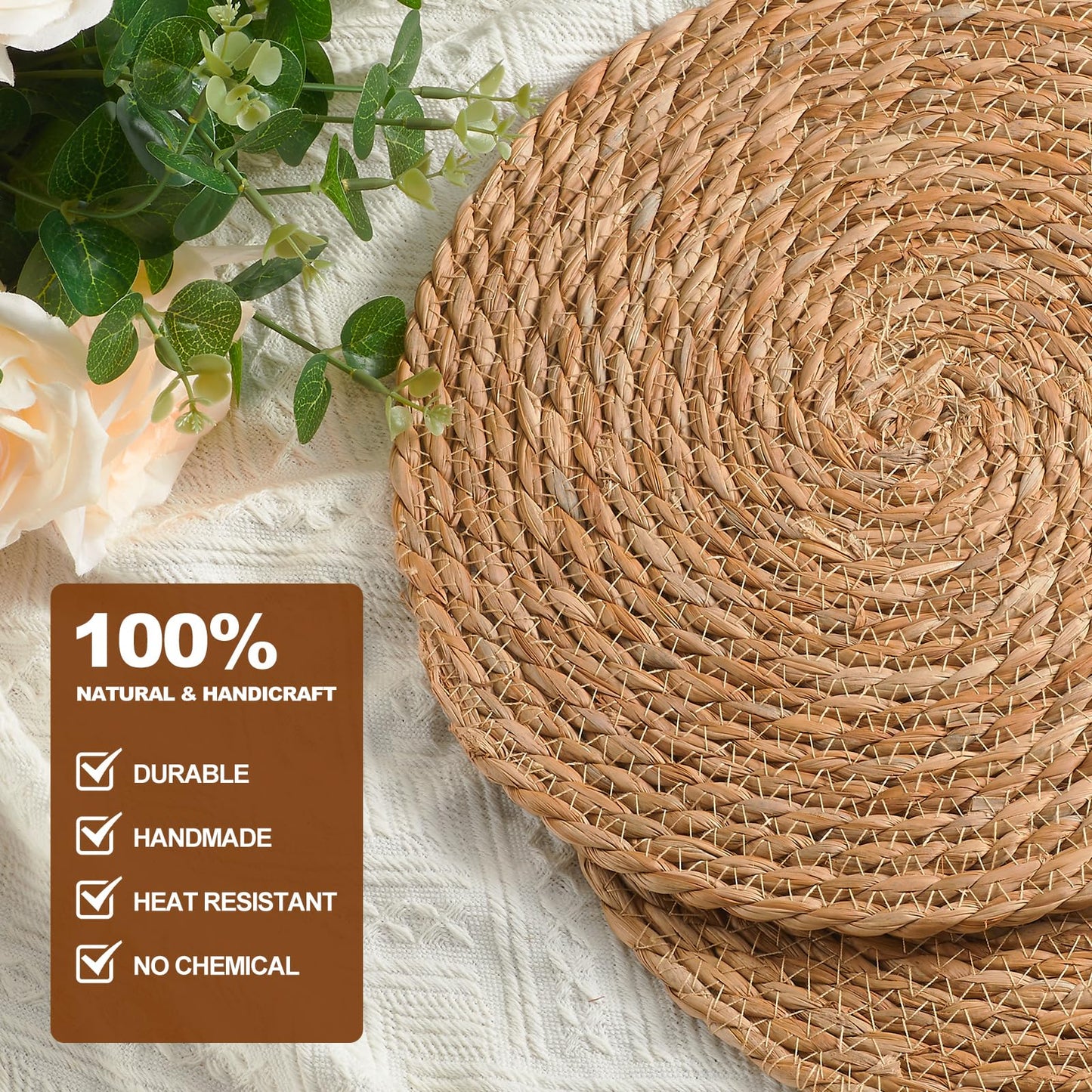 Round Woven Placemats - Boho Rattan Placemats Natural Water Hyacinth Placemats, Farmhouse Weave Place Mats, Rustic Braided Wicker Table Mats for Dining Table,Home,Wedding (12 inch Set of 6)