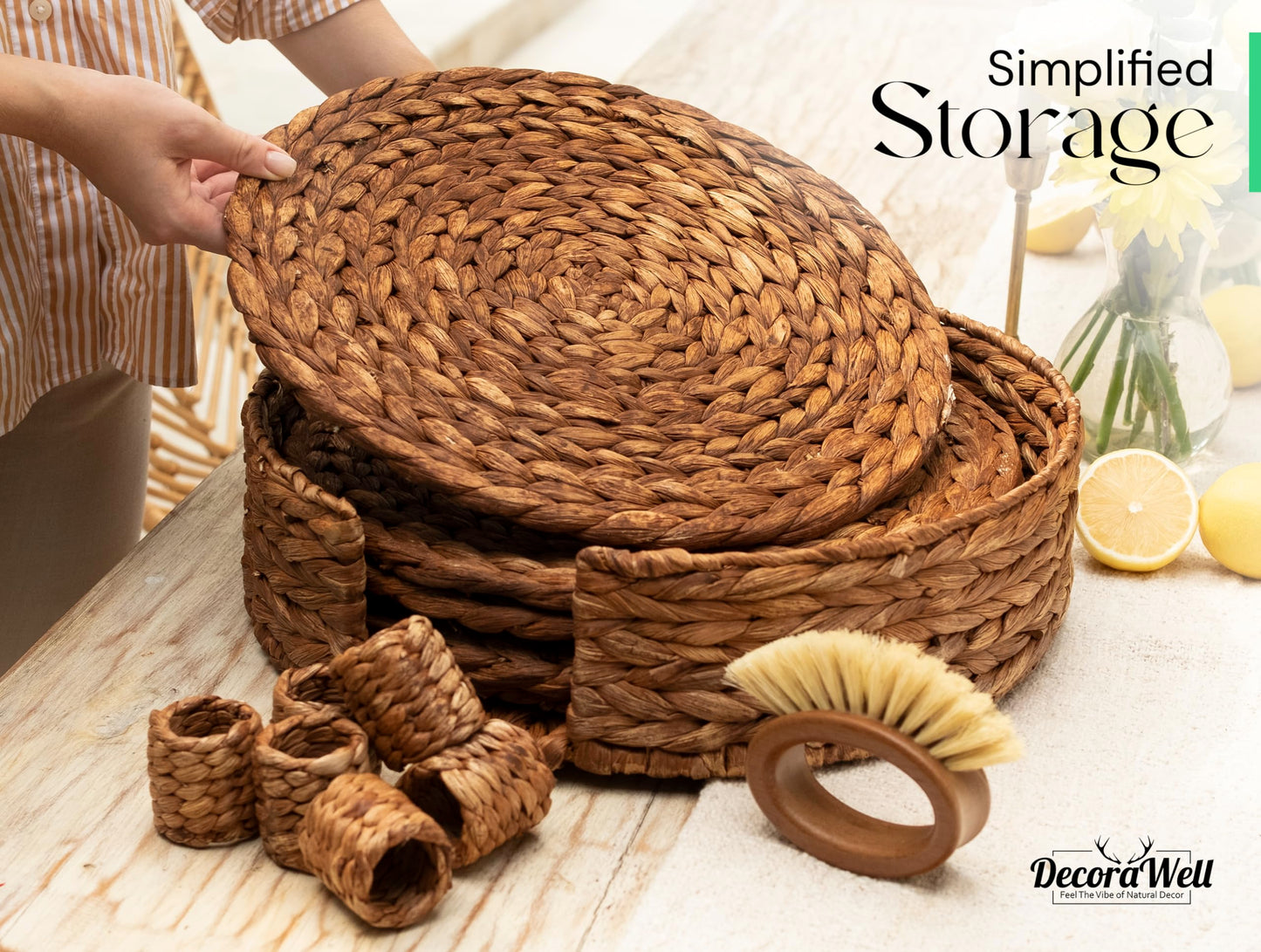 DecoraWell Round Woven Placemats Set of 6 with Bamboo Brush, Handmade, Wicker Placemats with Holder, Rattan Chargers for Dinner Plates, Rustic, Boho Placemats (Round Brown, 11.8 in)