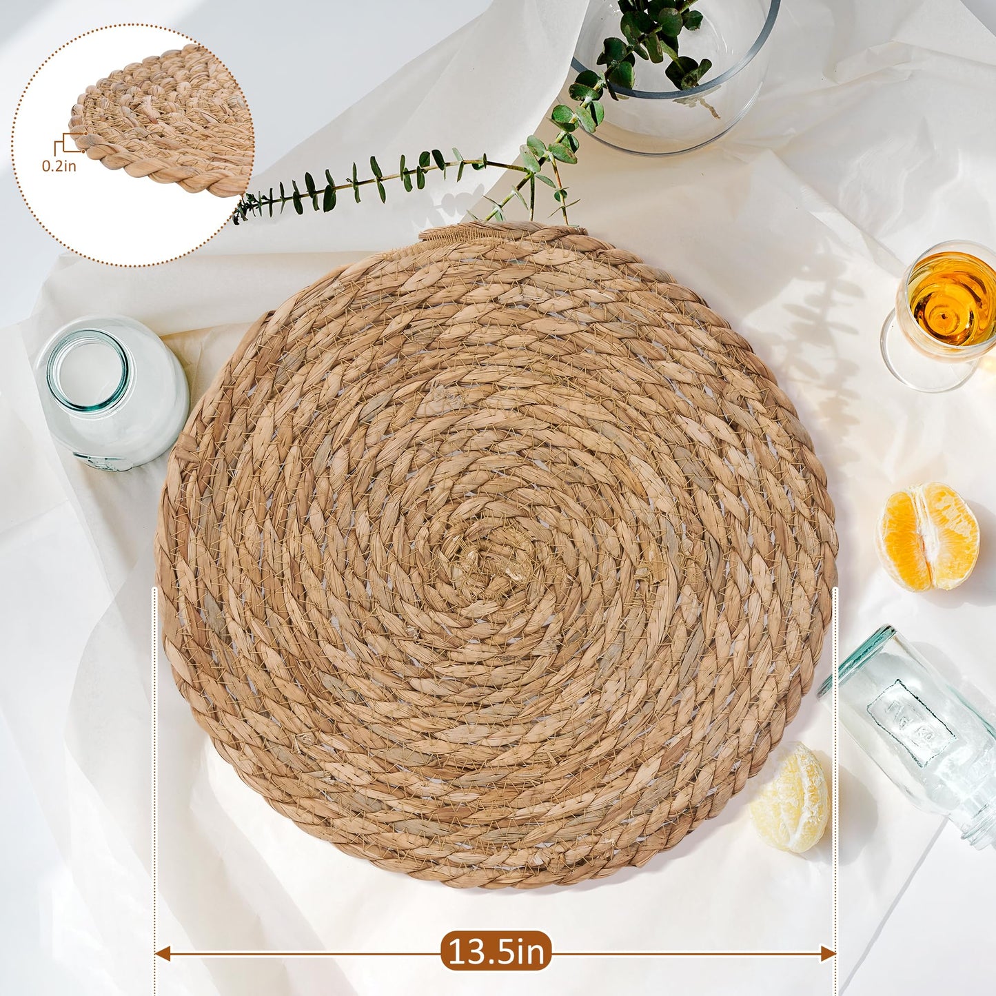 GENMOUS Woven Placemats Set of 10, 13.5" Round Placemats Natural Water Hyacinth Boho Placemat,Farmhouse Rattan Chargers for Dinner Plates,Rustic Braided Wicker Table Mats for Dining Table,Home,Wedding