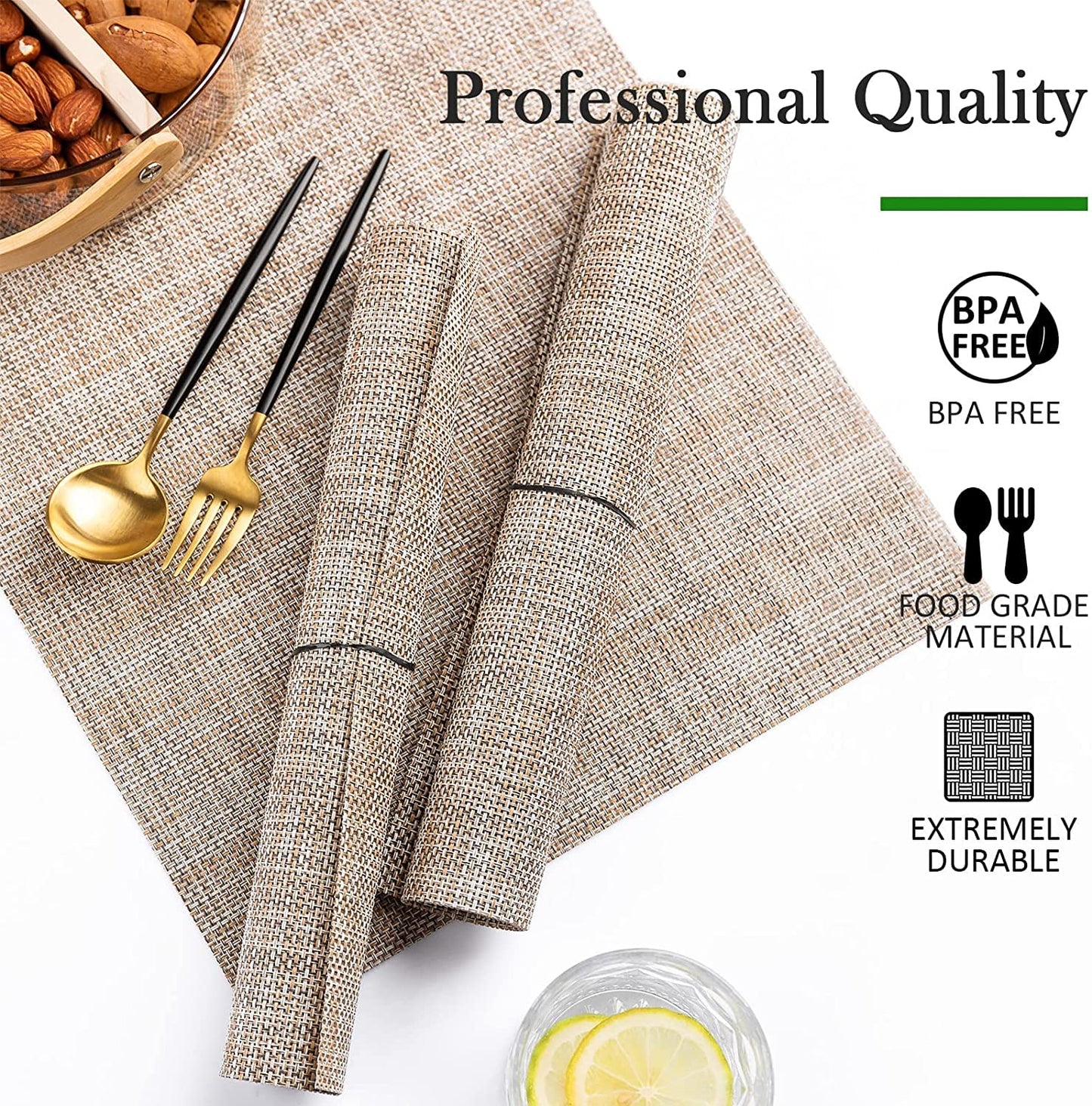 Placemats Set of 4 Washable Indoor/Outdoor Vinyl Place Mats for Dining Table PVC Weave Table Mats(Caramel)