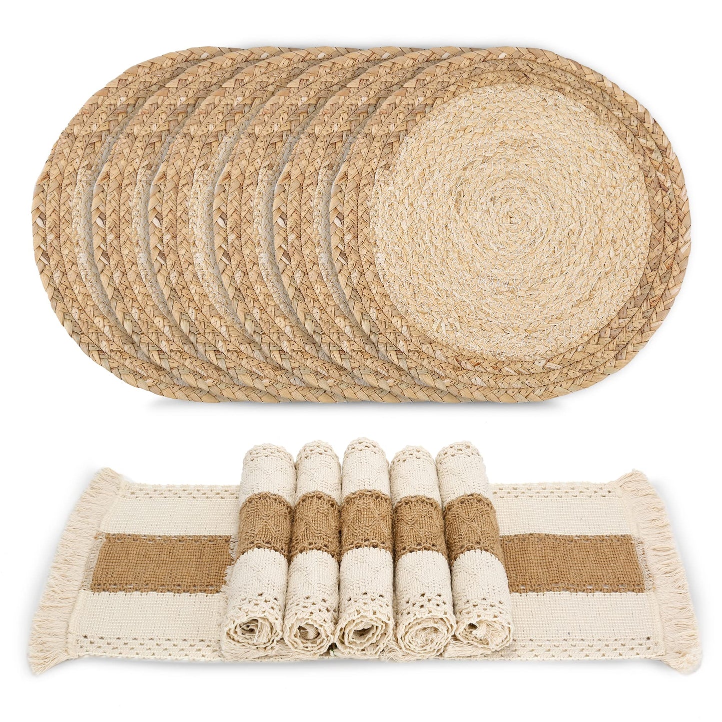 Zology Handmade Boho Placemats Set of 6 - Natural Cotton Burlap and Water Straw Woven Combination Table Mats, Macrame Décor and Farmhouse Style Placemats, for Dining Table Kitchen