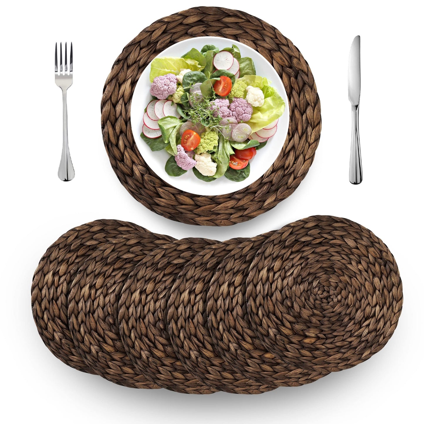 (4 Sizes: 12"-13"-14"-15") BARIEN Rustic Woven Placemats Round Set of 6, Natural Water Hyacinth Weave Placemat for Dining Table, Large Handmade Woven Placemats Heat Resistant Non-Slip (12" - Set of 6)