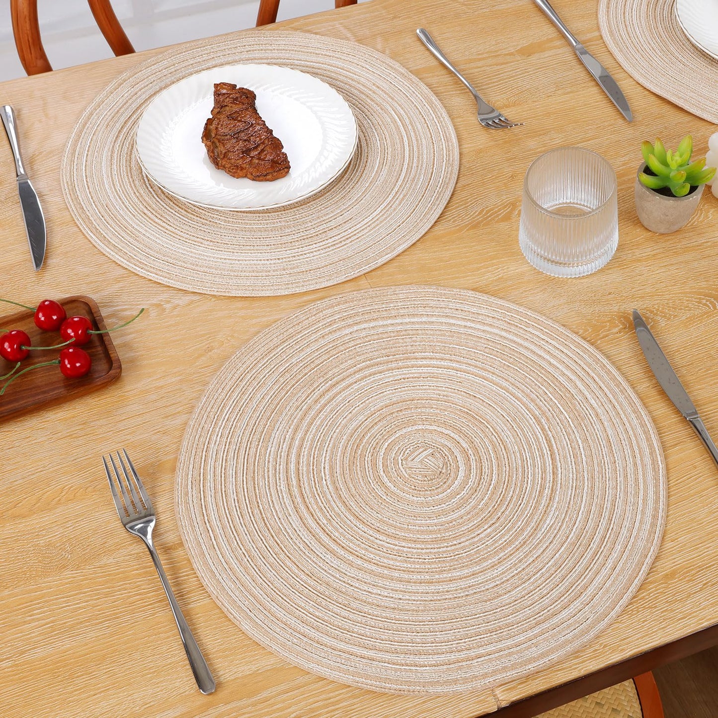 SHACOS Round Braided Placemats Set of 6 Washable Cotton Polyester 15 inch Round Placemats for Kitchen Dining Table Decor Round Table Mats (Beige, 6)