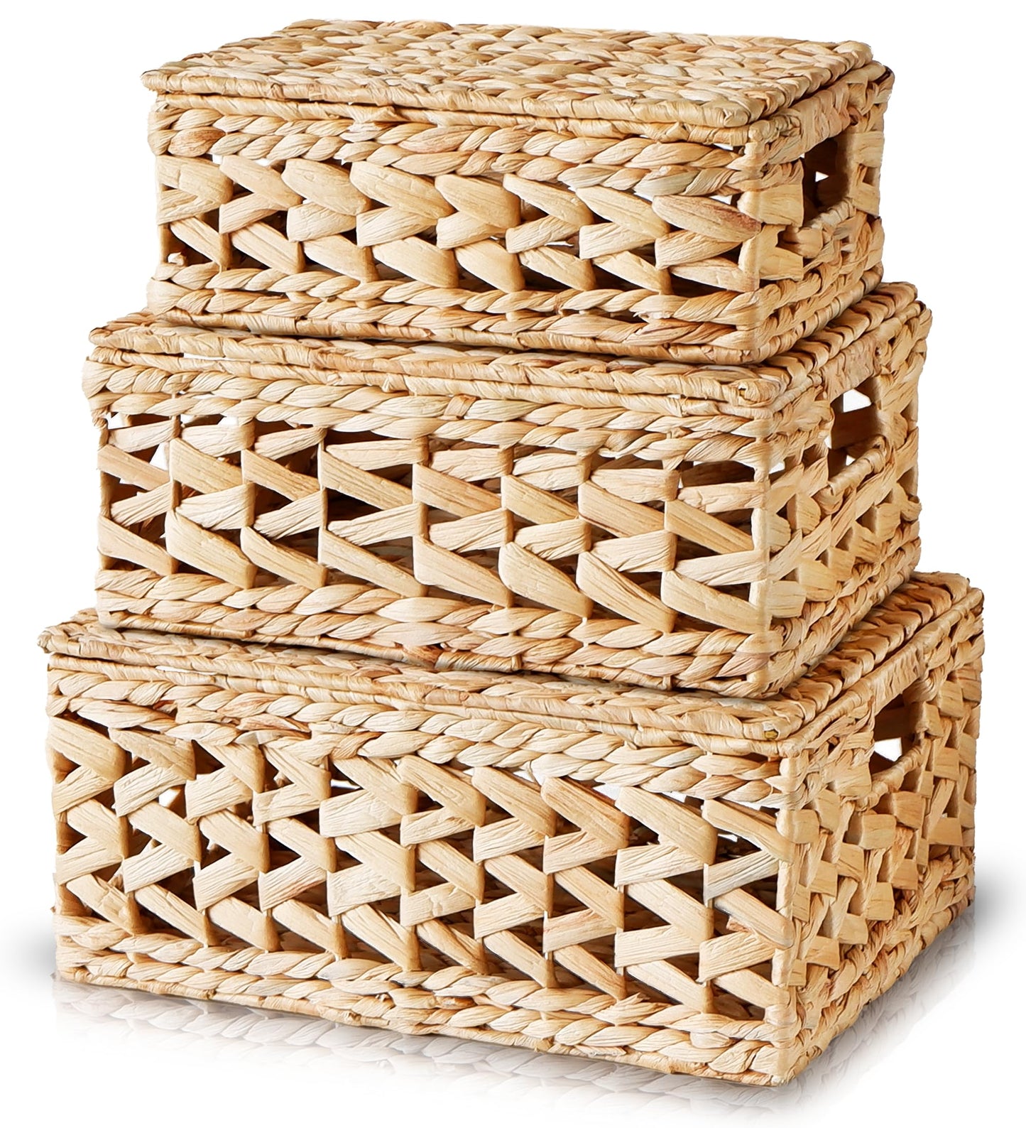 CHI AN HOME Wicker Storage Basket with Lid, Natural Decorative Wicker Basket for Shelf, Woven Baskets with Lids, 14in Lidded Basket, Rattan Storage Basket with Lid, Rattan Box Set of 3 for Organizing