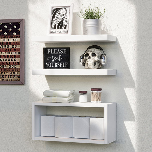 RICHER HOUSE White Floating Shelves Set of 3, Modern Bathroom Shelves Wall Mounted Shelves for Wall Decor, Over Toilet White Wall Shelves for Bathroom Bedroom, Living Room, Kitchen - White