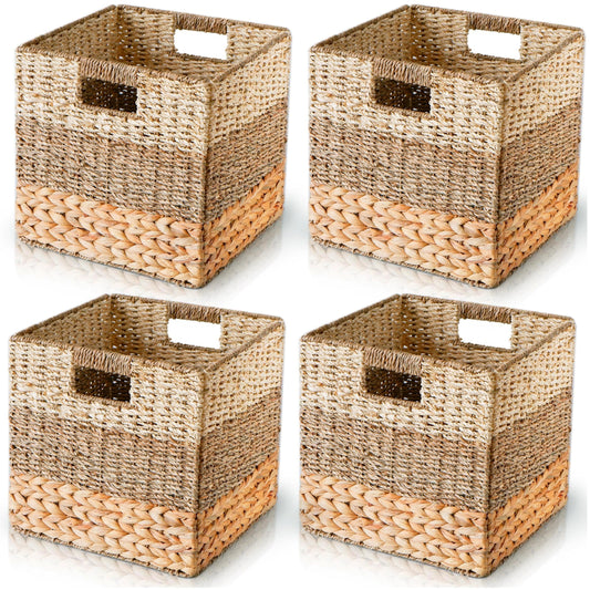 CHI AN HOME 12x12 Wicker Storage Cube Bins for IKEA KALLAX, Natural Wicker Storage Basket, Hyacinth Cube Storage Bin, Cube Storage Baskets, Cubby Woven Baskets, Wicker Baskets for Organizing Set of 4