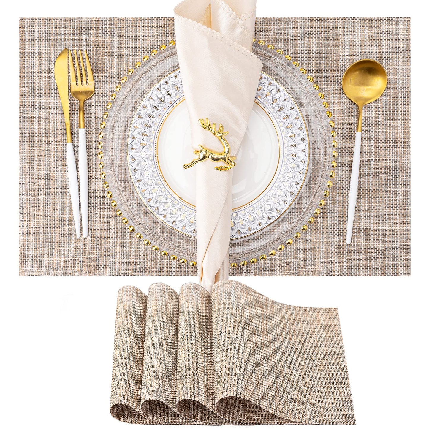 Placemats Set of 4 Washable Indoor/Outdoor Vinyl Place Mats for Dining Table PVC Weave Table Mats(Caramel)