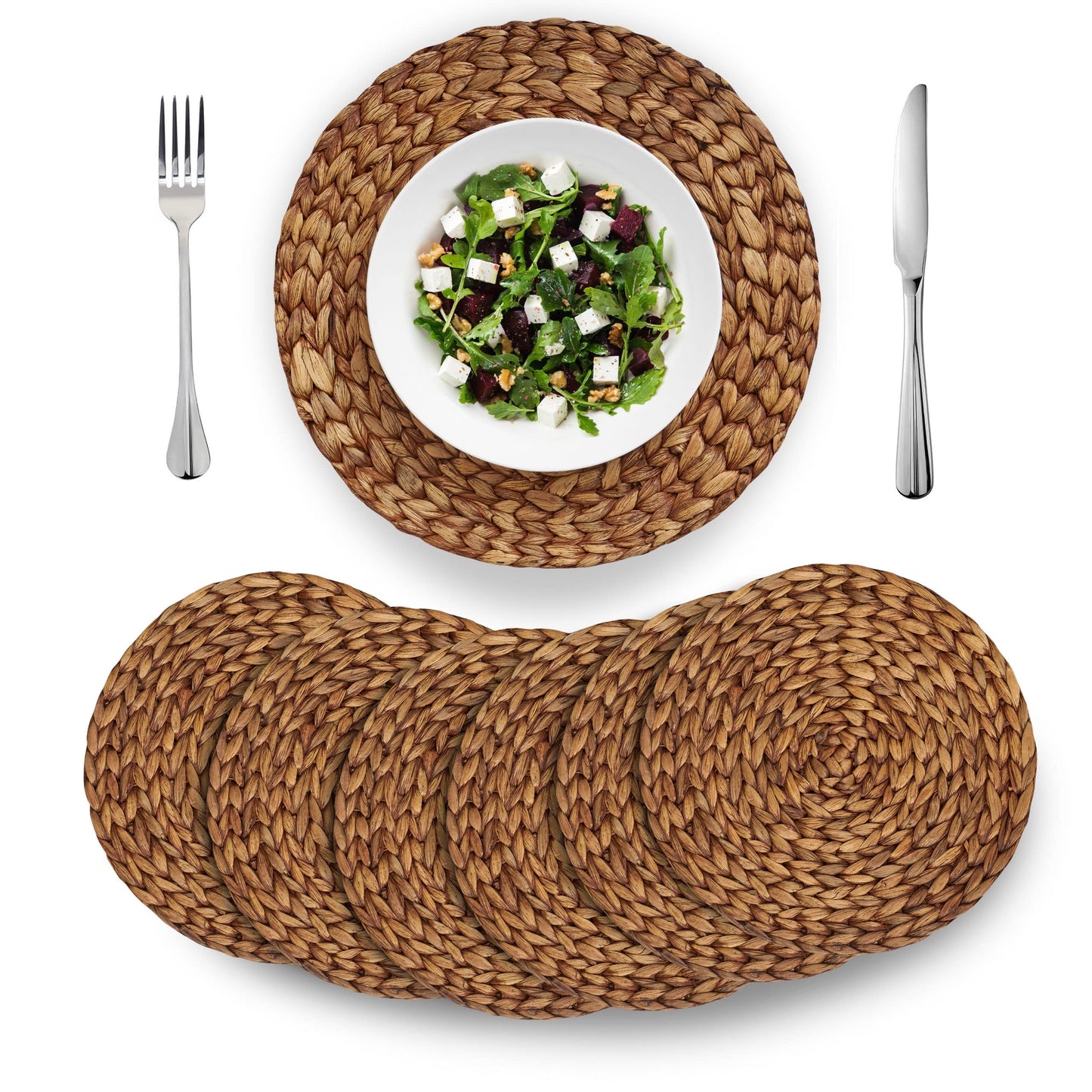 (4 Sizes: 12"-13"-14"-15") BARIEN Brown Woven Placemats Round Set of 6, Natural Water Hyacinth Weave Placemat for Dining Table, Large Handmade Woven Placemats Heat Resistant Non-Slip (13" - Set of 6)