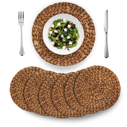 (4 Sizes: 12"-13"-14"-15") BARIEN Brown Woven Placemats Round Set of 6, Natural Water Hyacinth Weave Placemat for Dining Table, Large Handmade Woven Placemats Heat Resistant Non-Slip (13" - Set of 6)