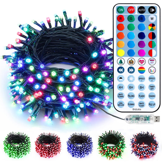 BrizLabs USB Christmas Lights, 33ft 100 LED RGB Christmas Lights, Color Changing String Lights with Remote, Colored Mini Christmas Lights, Dimmable Tree Lights for Indoor Xmas Halloween Party Decor