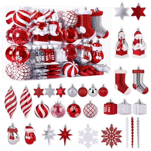 Alupssuc 112pcs Christmas Balls Ornaments Set, Shatterproof Plastic Baubles Christmas Penguin, Polar Bear for Xmas Tree Holiday Wedding Party Decorations with Hanging Strings, Red and White