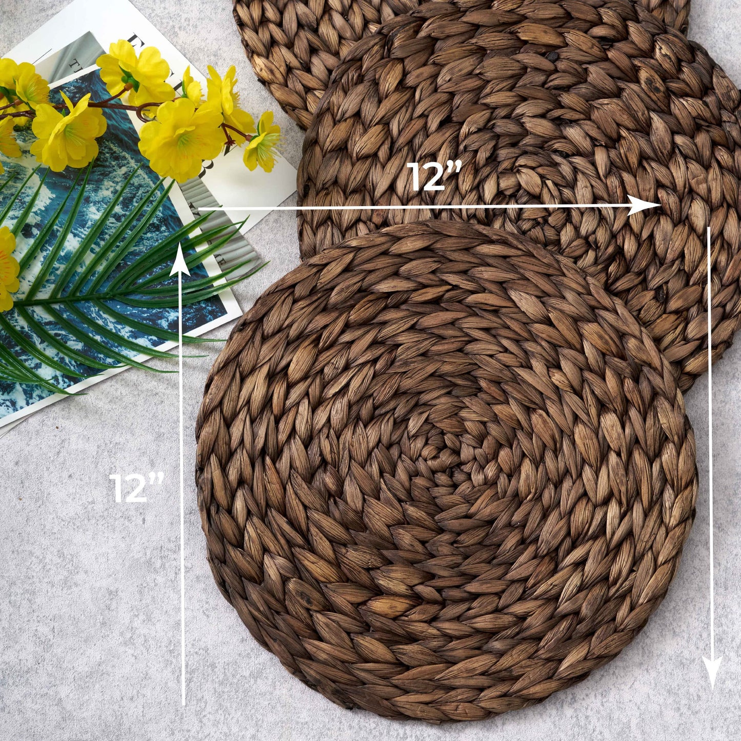 (4 Sizes: 12"-13"-14"-15") BARIEN Rustic Woven Placemats Round Set of 6, Natural Water Hyacinth Weave Placemat for Dining Table, Large Handmade Woven Placemats Heat Resistant Non-Slip (12" - Set of 6)